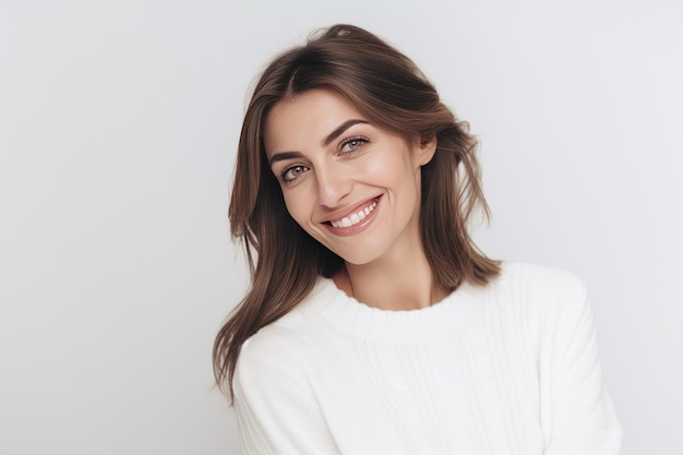 Woman smiling in a white sweater on a white background Generative AI