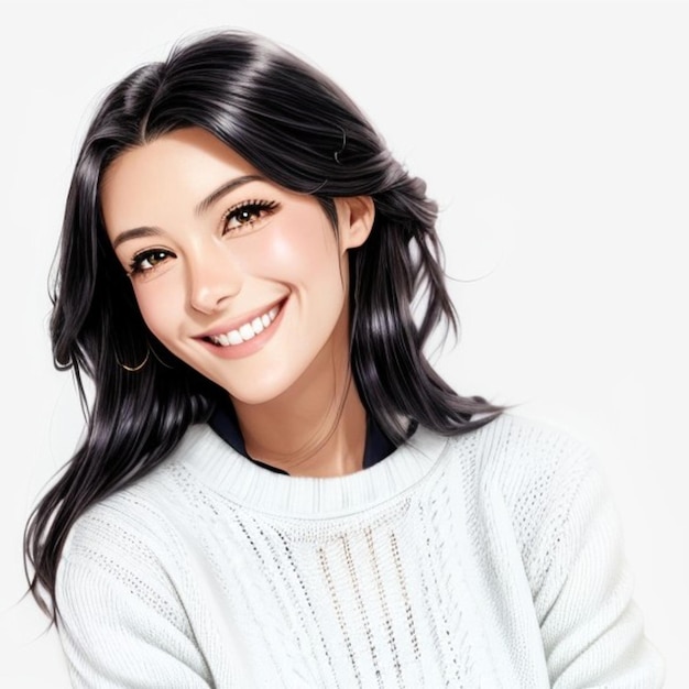 Woman smiling in a white sweater on a white background