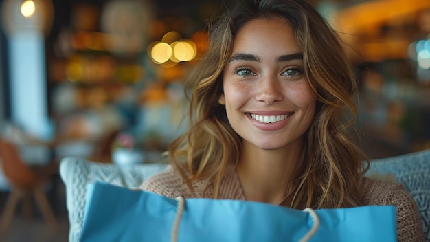 a woman smiling with a blue bag that says quot smile quot