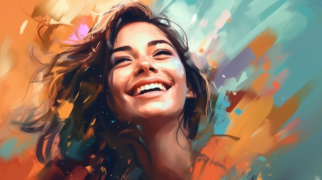 A woman smiling with a colorful background.