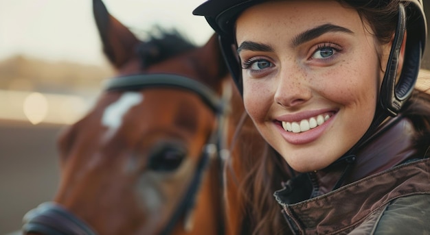 Photo woman smiling with horse at sunset