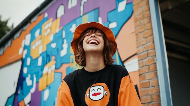 Photo woman smiling with joy in front of a colorful wall