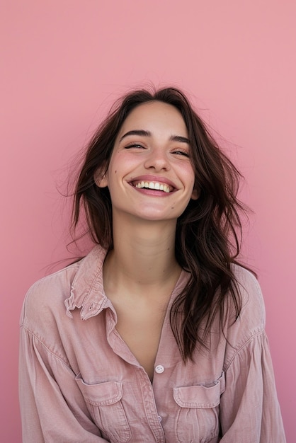 a woman smiling with a pink background that says quot smile quot