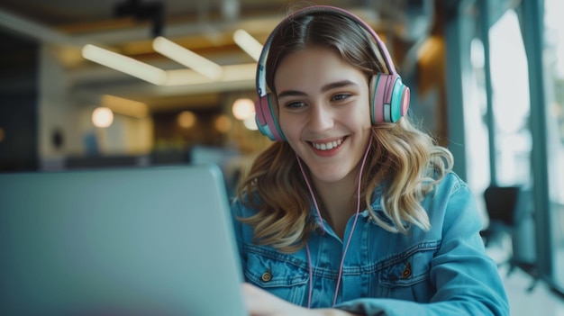 Woman smiling with pink headphones