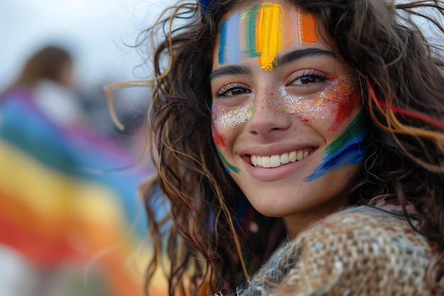 Woman smiling with rainbow paint on her face high quality high resolution