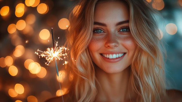 Photo woman smiling with a sparkler at a celebration generative ai