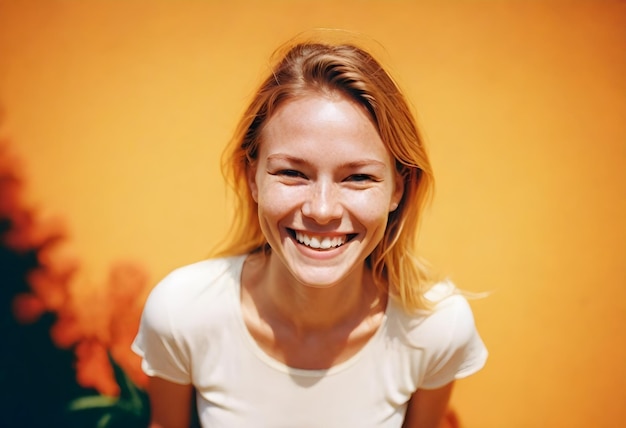 Photo a woman smiling with a white shirt that says  she is smiling