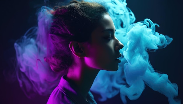 A woman smoking a cigarette in a dark room with purple and blue lights.