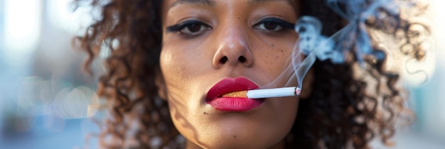 a woman smoking a cigarette with a cigarette in her mouth