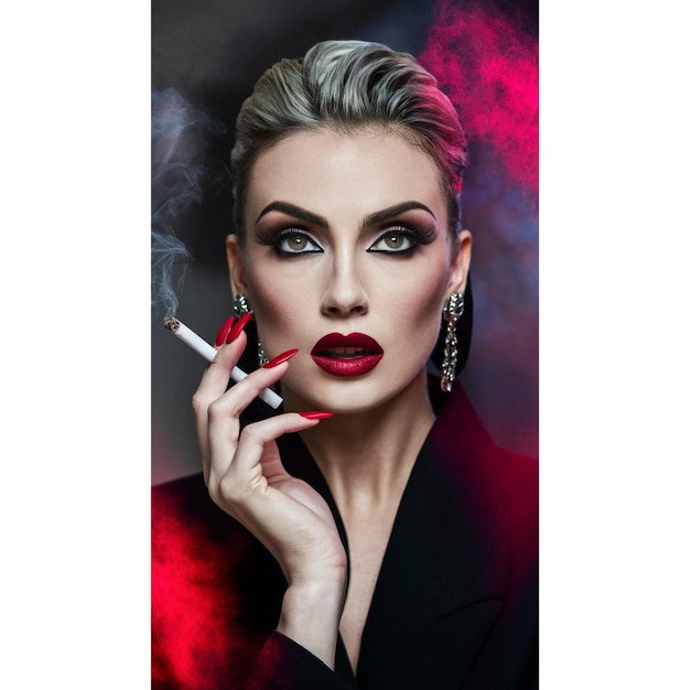 Photo a woman smoking a cigarette with a red lip and a red smoker