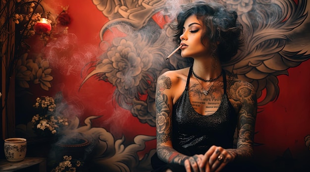 a woman smoking a cigarette with a tattoo of a woman smoking