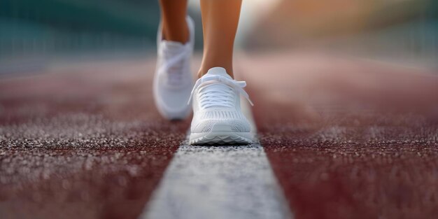 Woman in Sneakers Exercising on an Outdoor Racetrack A CloseUp View Concept Fitness Exercise Outdoor Activity Running Lifestyle