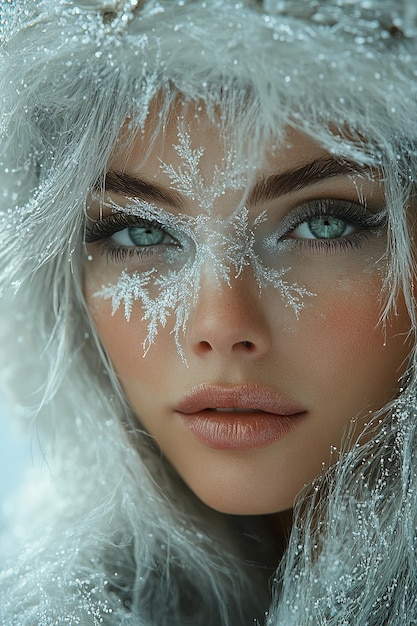 Photo a woman in a snow hat with snowflakes on her eyes