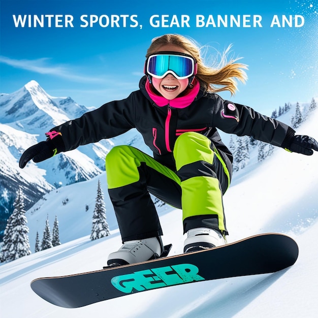 a woman on a snowboard with the word winter on it