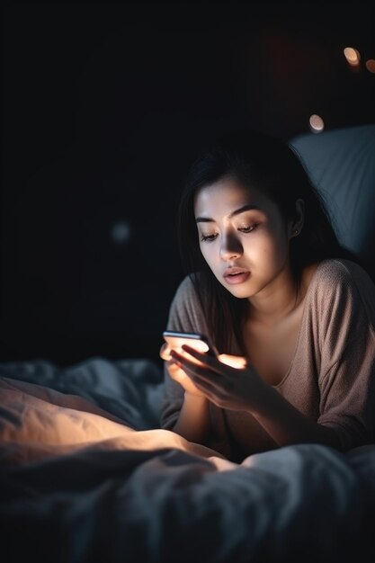 Woman social media phone and digital communication in night for chatting with mobile app on bed