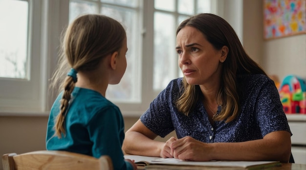 Woman social worker talking to girl Child psychology