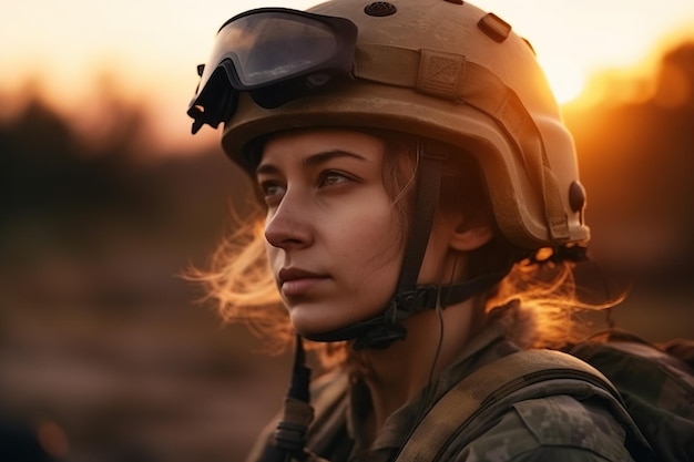 A woman soldier is captured in a stunning image wearing a helmet against the backdrop of a beautiful sunset Generative AI