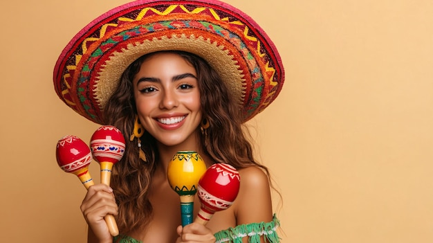 Photo a woman in a sombrero holding two colorful ice cream cones