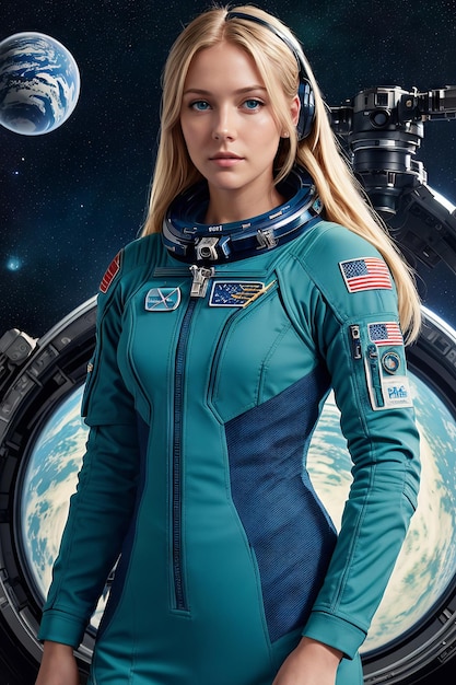 Photo a woman in a space suit in front of space ship astronaut space concept