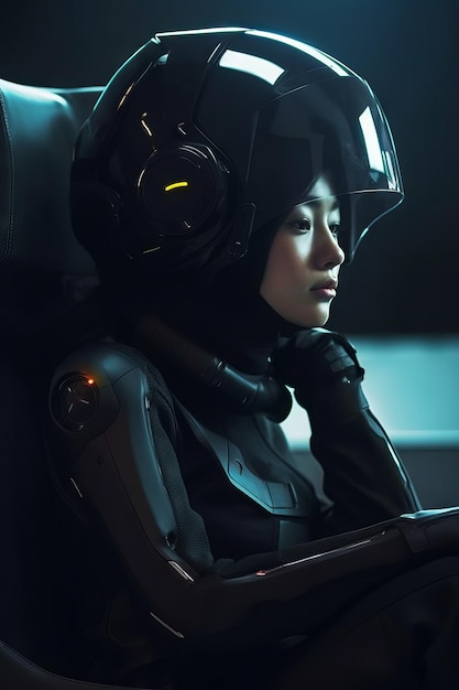 A woman in a space suit sits in a car wearing a headphone.