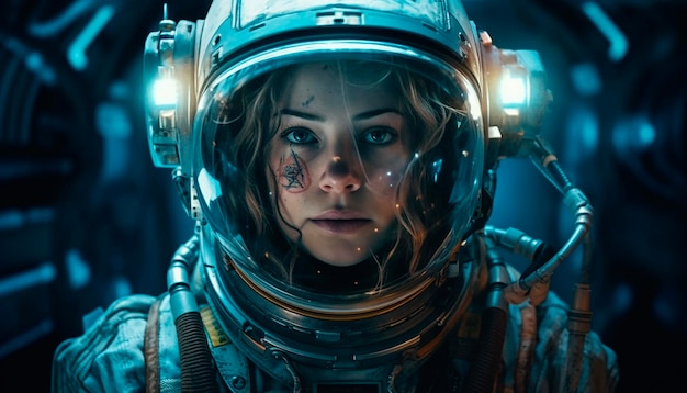 A woman in a space suit with a face in the center.