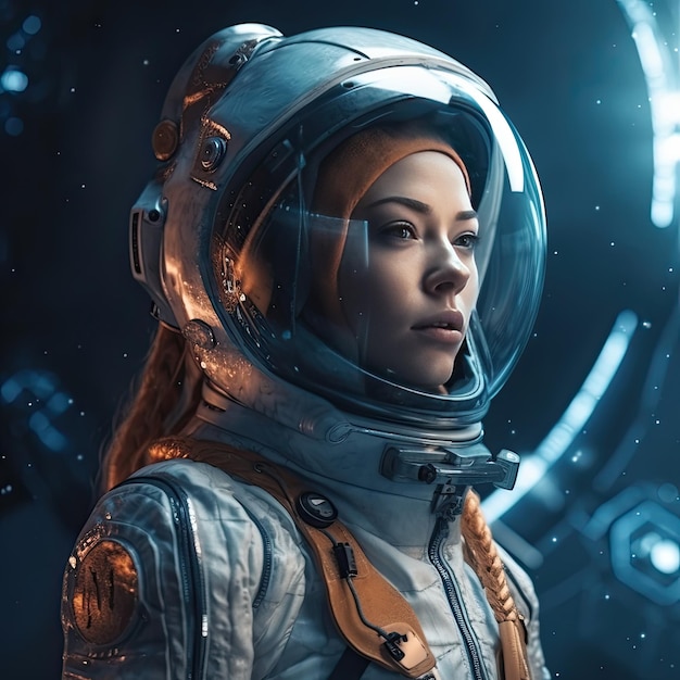 A woman in a space suit with a space suit on her head.