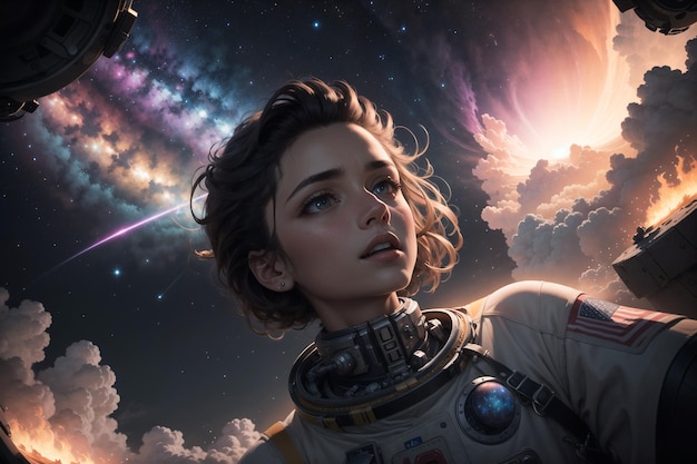 A woman in a space suit with the universe in the background