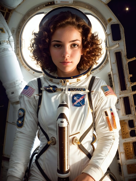 A woman in a space suit with the word space on the sleeve