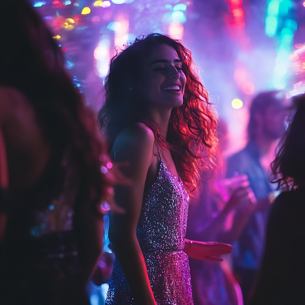 a woman in a sparkly dress smiles at a party