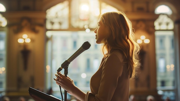 a woman speaking into a microphone with the words  free  on the top