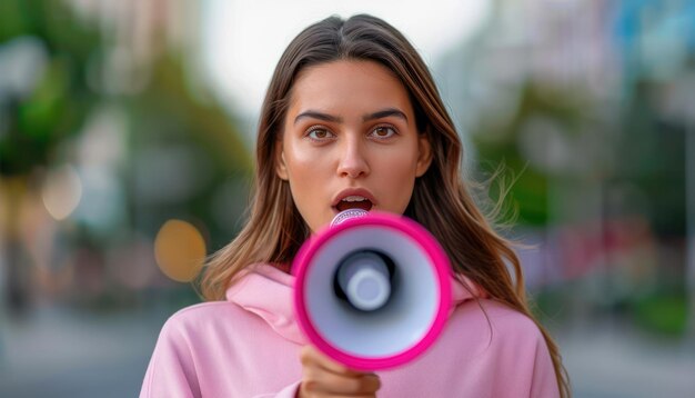 Photo woman speaking through megaphone powerful orator effective communication public address system