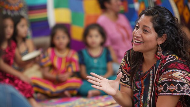 a woman speaks to a group of children