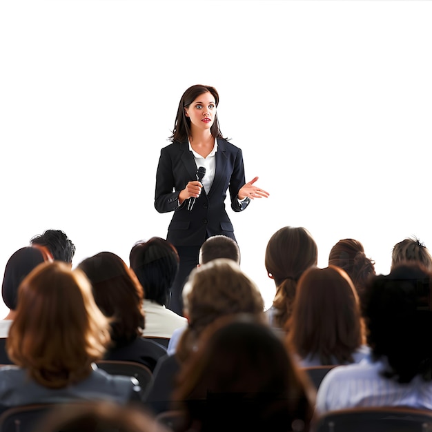 a woman speaks into a microphone in front of a crowd of people