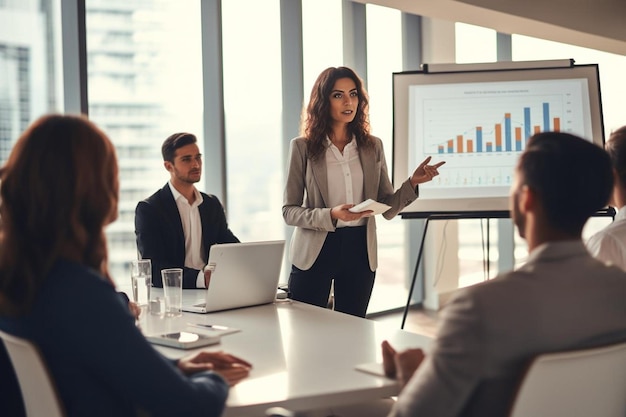 A woman speaks at a presentation with a graph on the wall behind her.