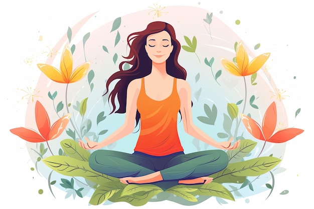 Woman in sportswear joins exercise or yoga white background Concept illustration for yoga