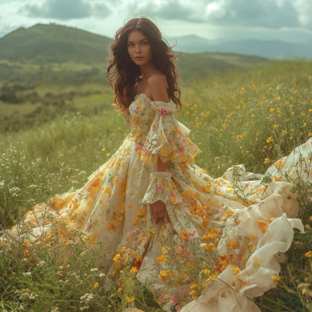 woman in spring dress posing on a green hill