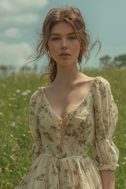 woman in spring dress posing on a green hill