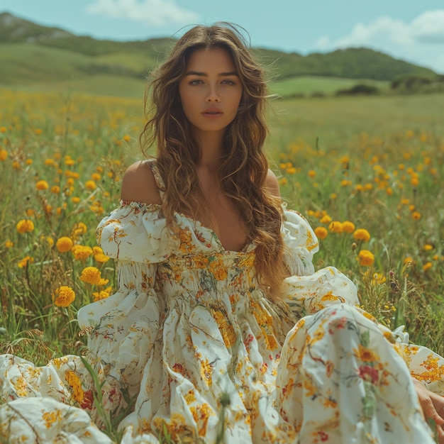 woman in spring dress posing on a green hill