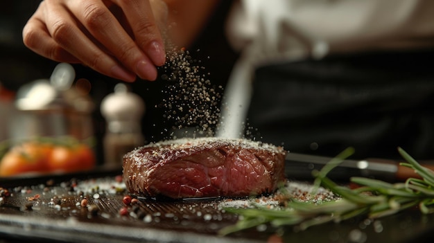 Photo woman sprinkling seasoning on a piece of meat closeup