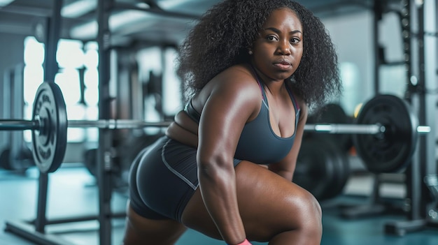 a woman squats in a gym with a barbell in the background