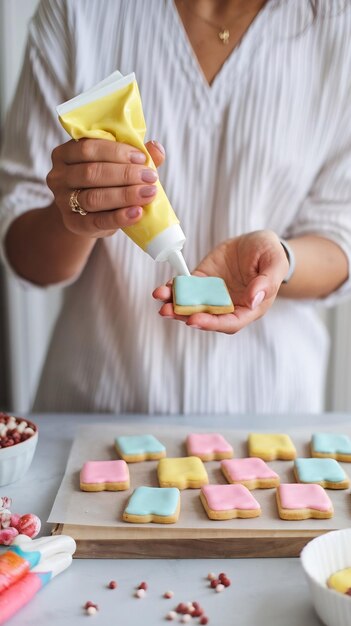 Photo woman squeezing icing cover on cookies from a pastry bag decorating sugar cookies in lolly ice crea