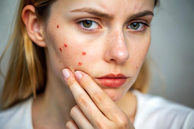 Woman squeezing pimple close up of inflamed skin