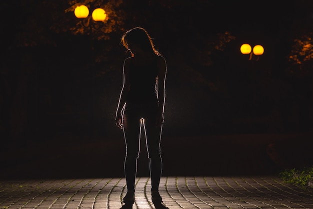 The woman stand on the dark alley. night time