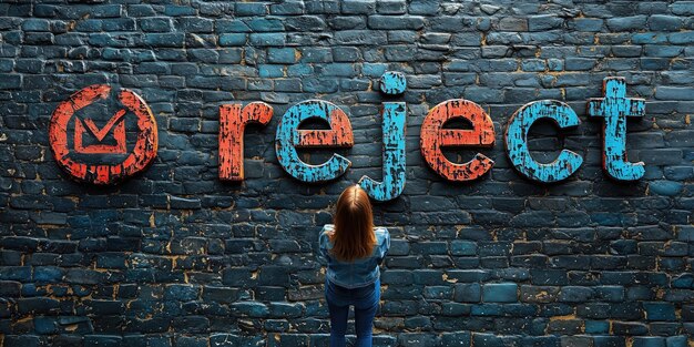 Photo a woman standing against a brick wall with large colorful letters spelling reject