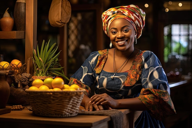 A woman standing next to a basket of fruit