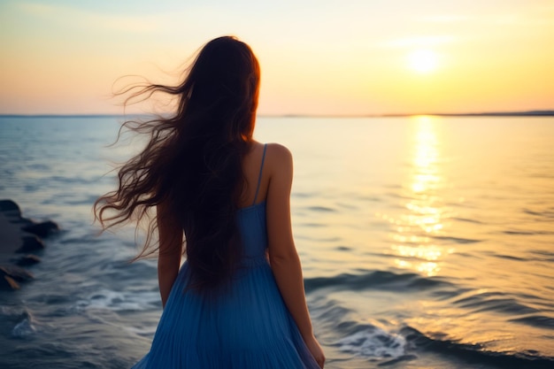 Woman standing on beach looking at the ocean Generative AI