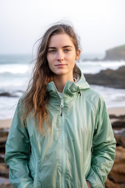 A woman standing on a beach next to the ocean Generative AI image