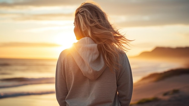 A woman standing on the beach at sunset looking at the horizon