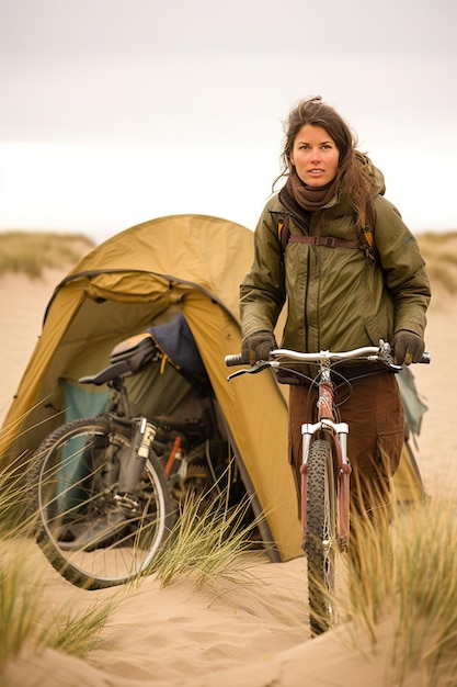 A woman standing next to a bike in the sand Generative AI image