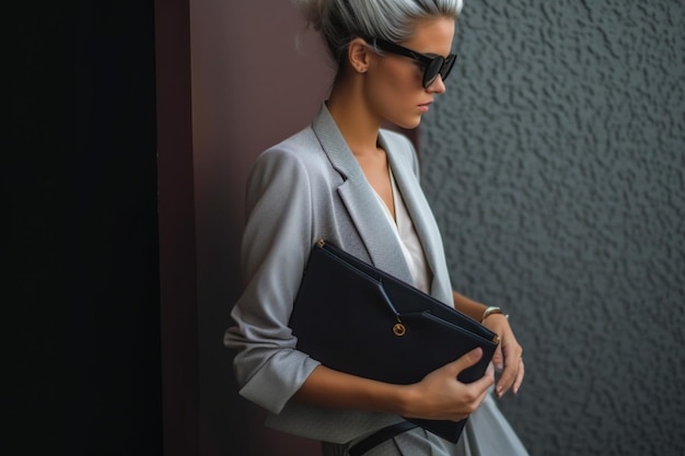 Photo woman standing by the wall and holding a laptop computer and sunglasses